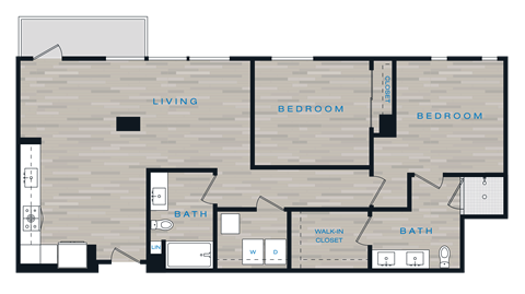 Floor plan for 2 beds, 2 baths, 1121 sqft